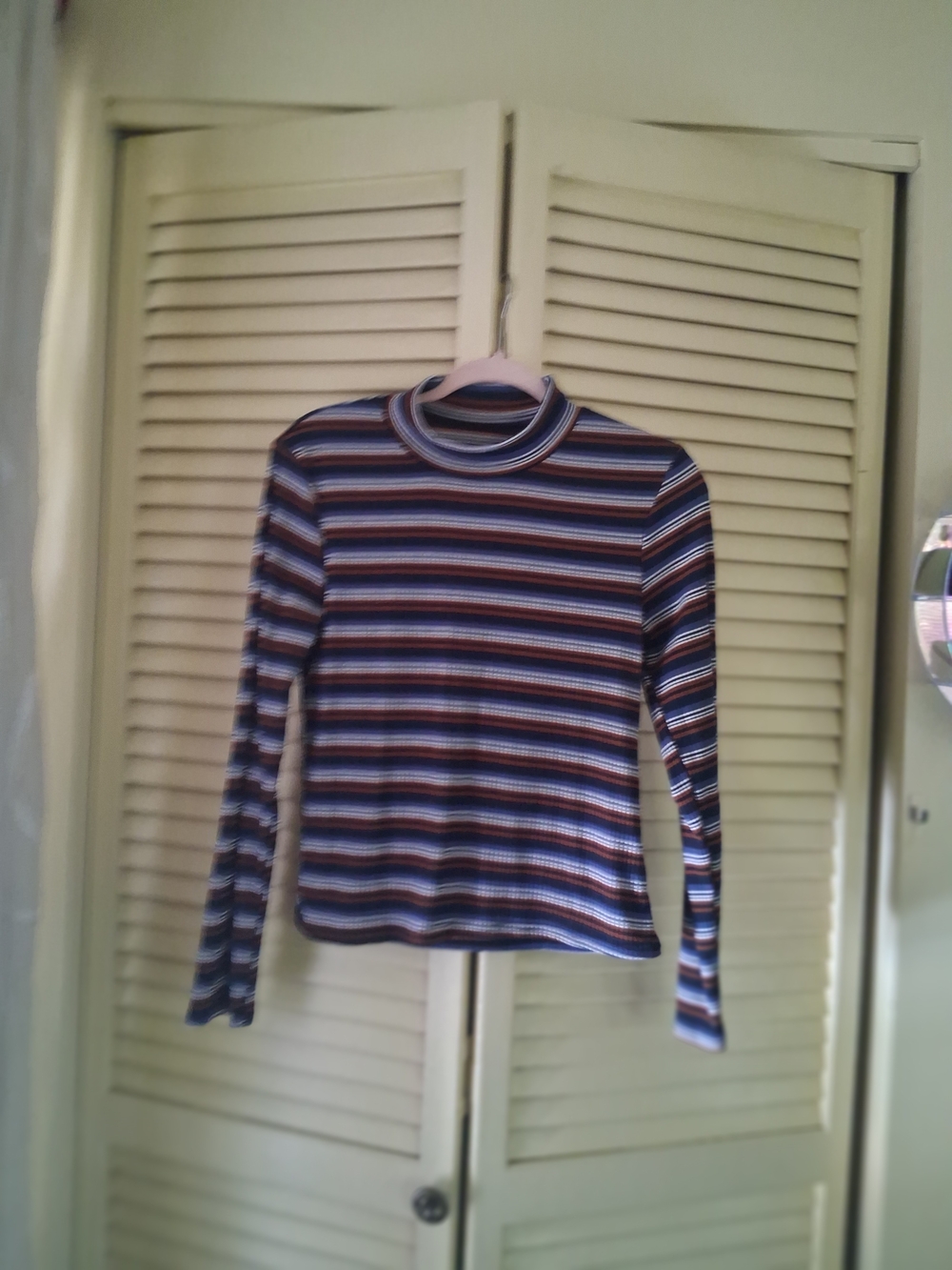 Women's Striped Mock Neck Long Sleeve Top - Blue Multi
